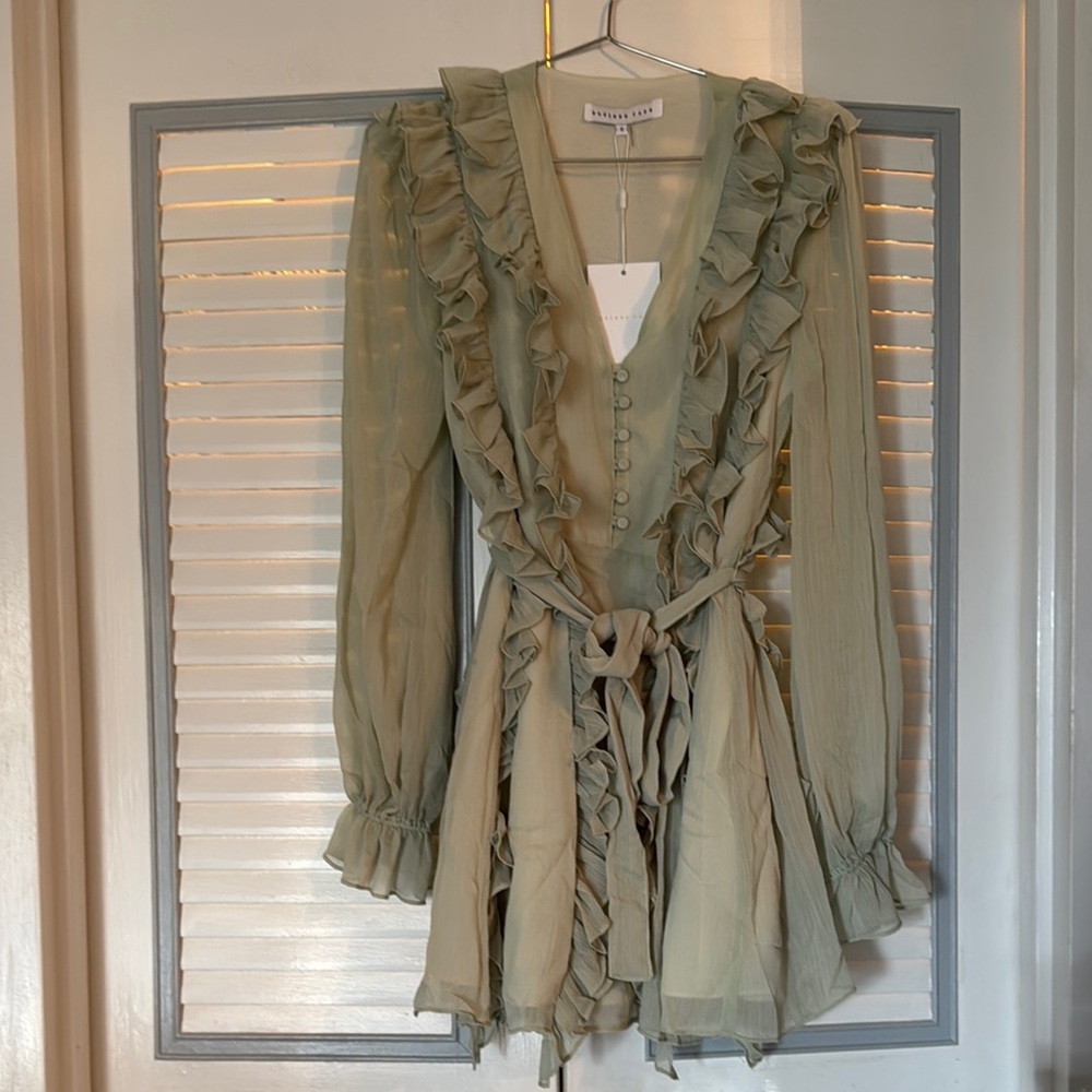 New With Tags Endless Rose Soft Green  Ruffed & Buttoned Dress